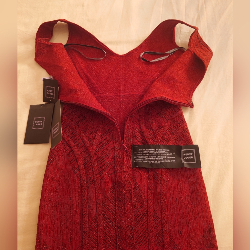 NWT Shimmery Wine Red HERVE LEGER Holiday Bodycon Icon Bandage Dress XS Sparkles - Picture 11 of 13